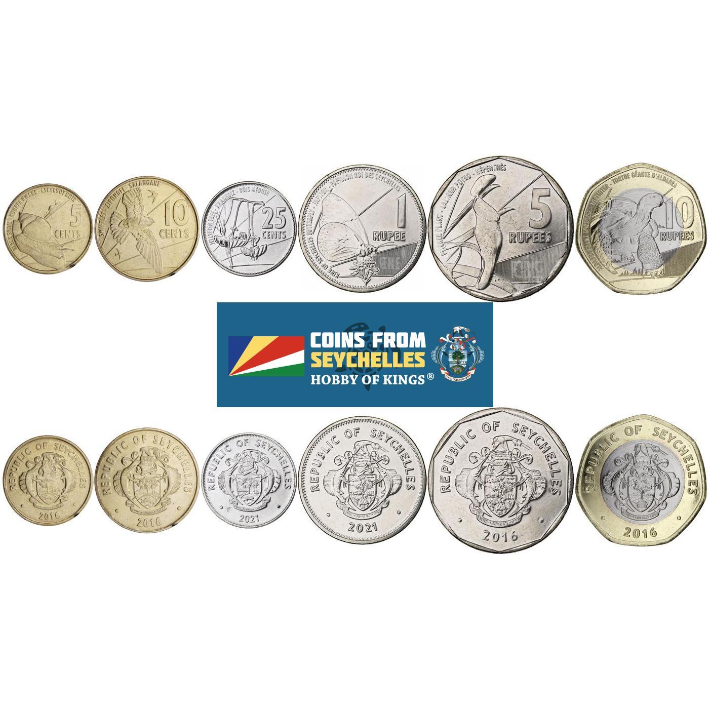 Seychelles | 6 Coin Set | 5 10 25 Cents 1 Rupee 5 10 Rupees | 2016 - 2022