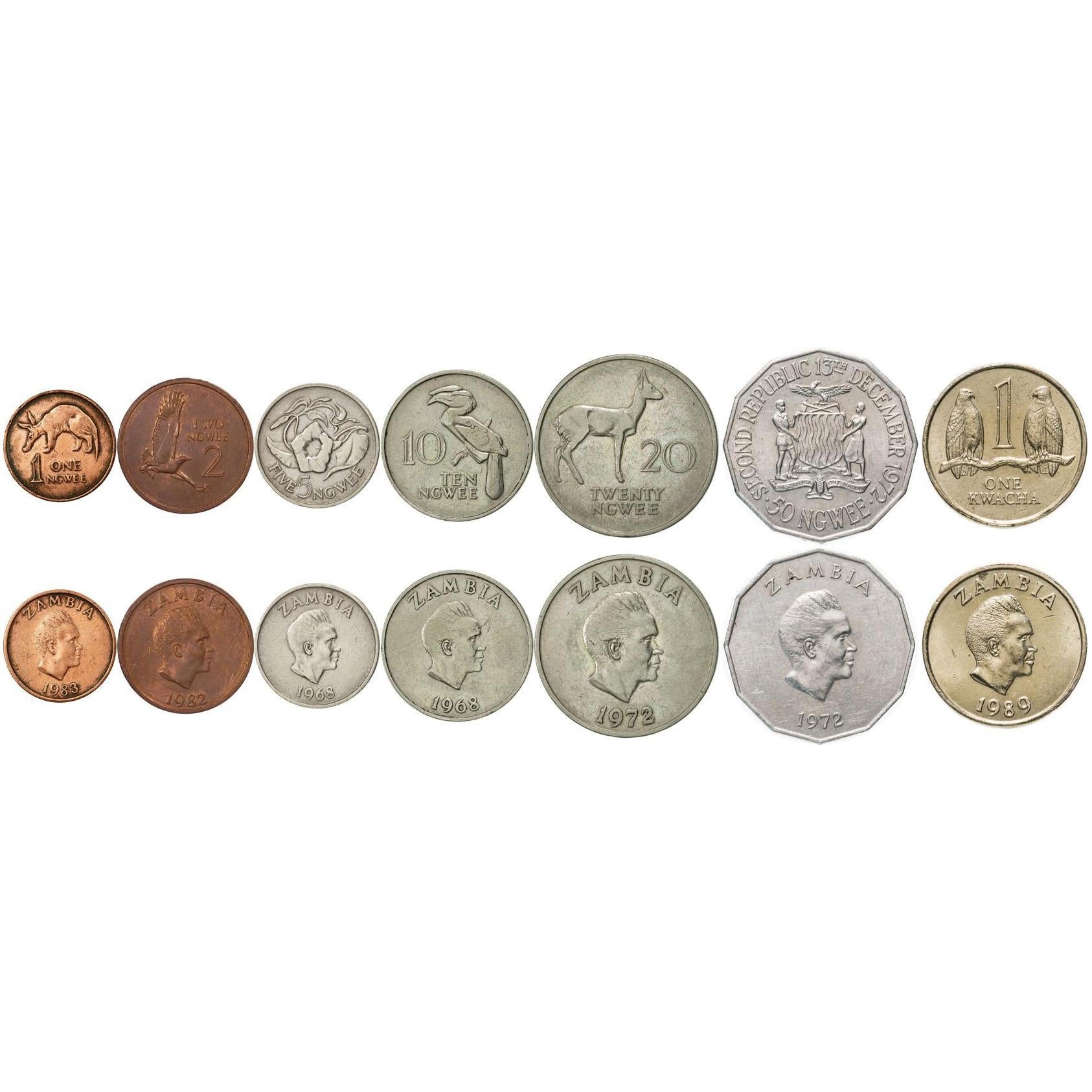 Zambia | 7 Coin Set | 1 2 5 10 20 50 Ngwee 1 Kwacha | 1968 - 1989