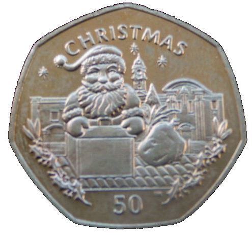 Gibraltar | 50 Pence Coin | Queen Elizabeth II | Christmas | Santa Claus | Bell Tower | KM769 | 1998