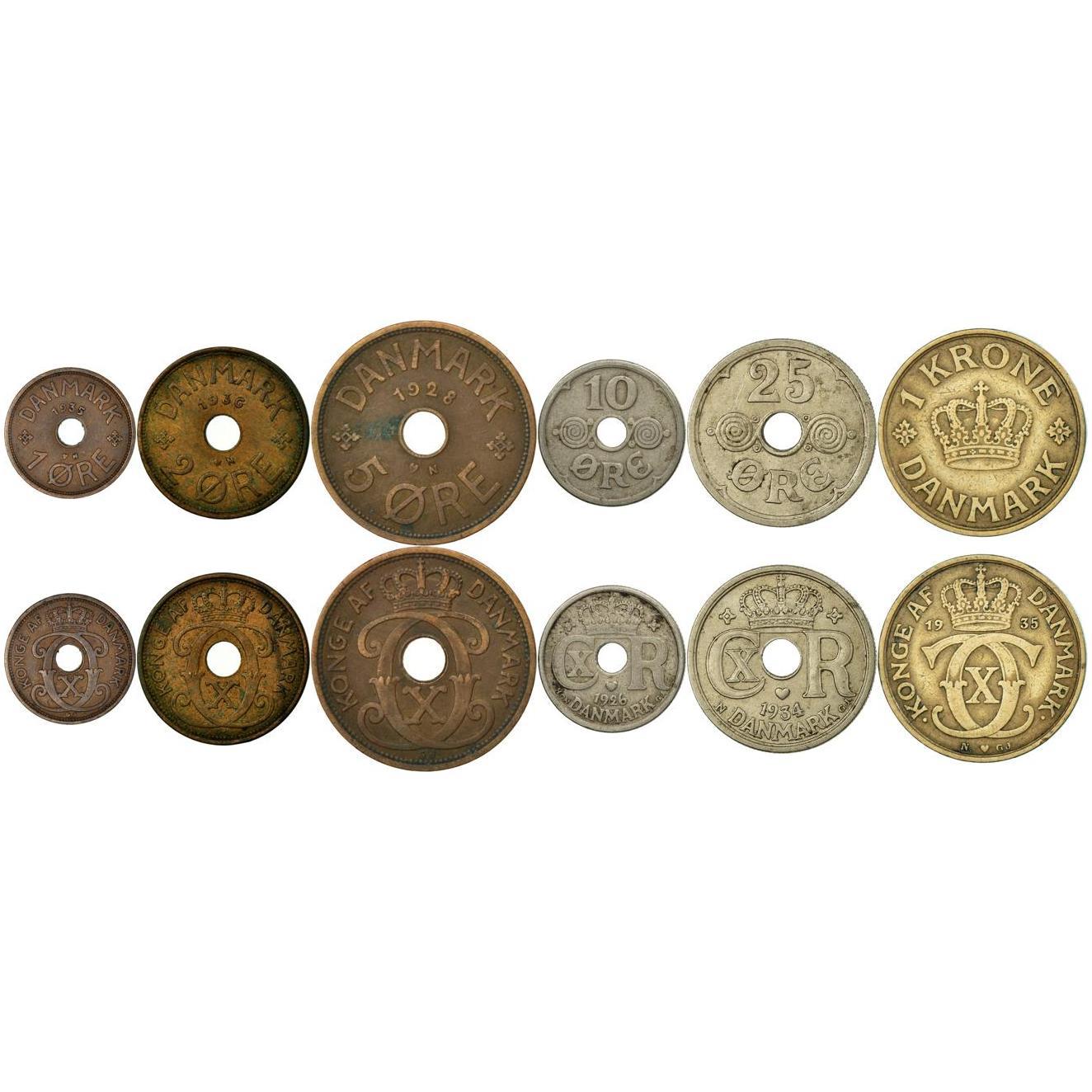 Denmark | 6 Coin Set | 1 2 5 10 25 Ore 1 Krone | 1924 - 1947