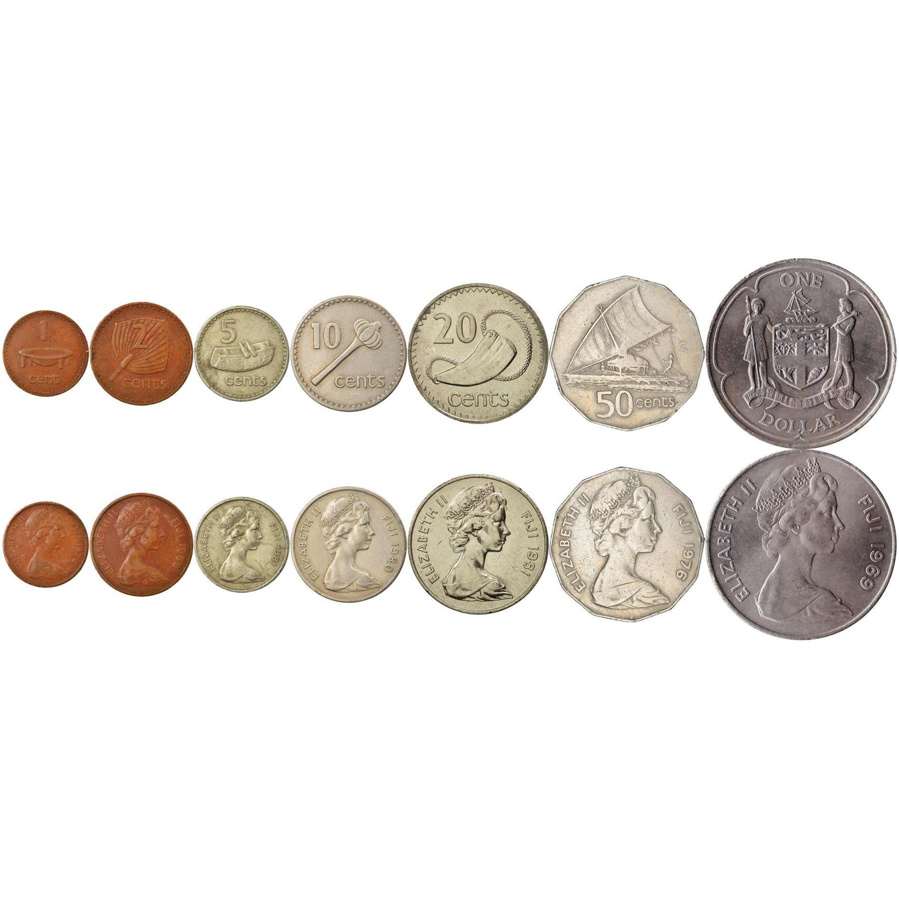 Fiji | 7 Coin Set | 1 Cent 2 5 10 20 50 Cents 1 Dollar | 1969 - 1985