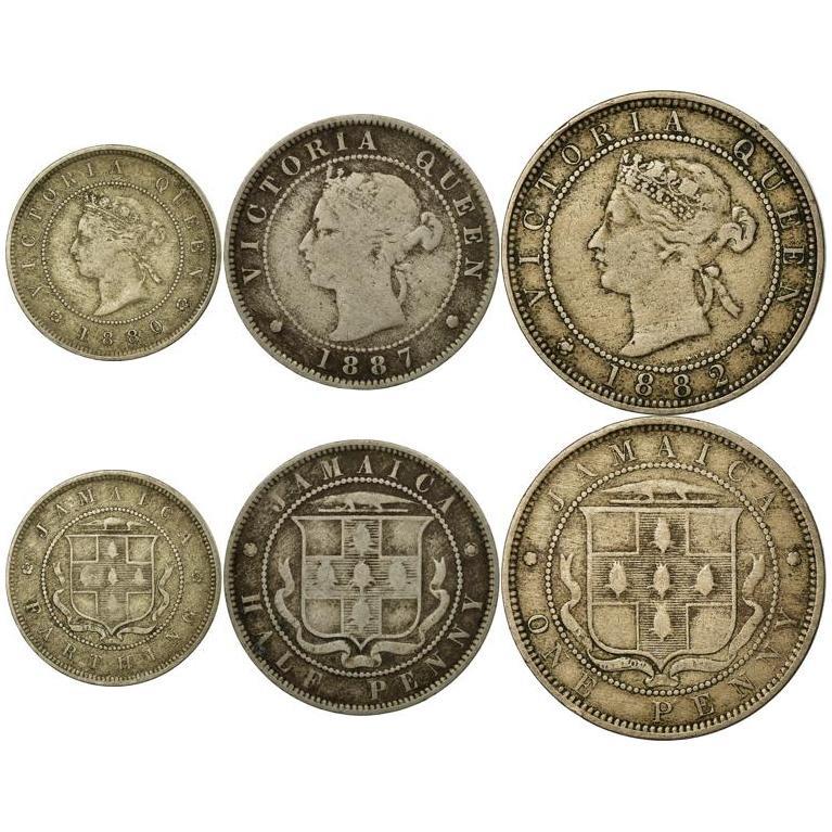 Jamaica | 3 Coin Set | 1 Farthing 1/2 1 Penny | Queen Victoria | 1869 - 1900