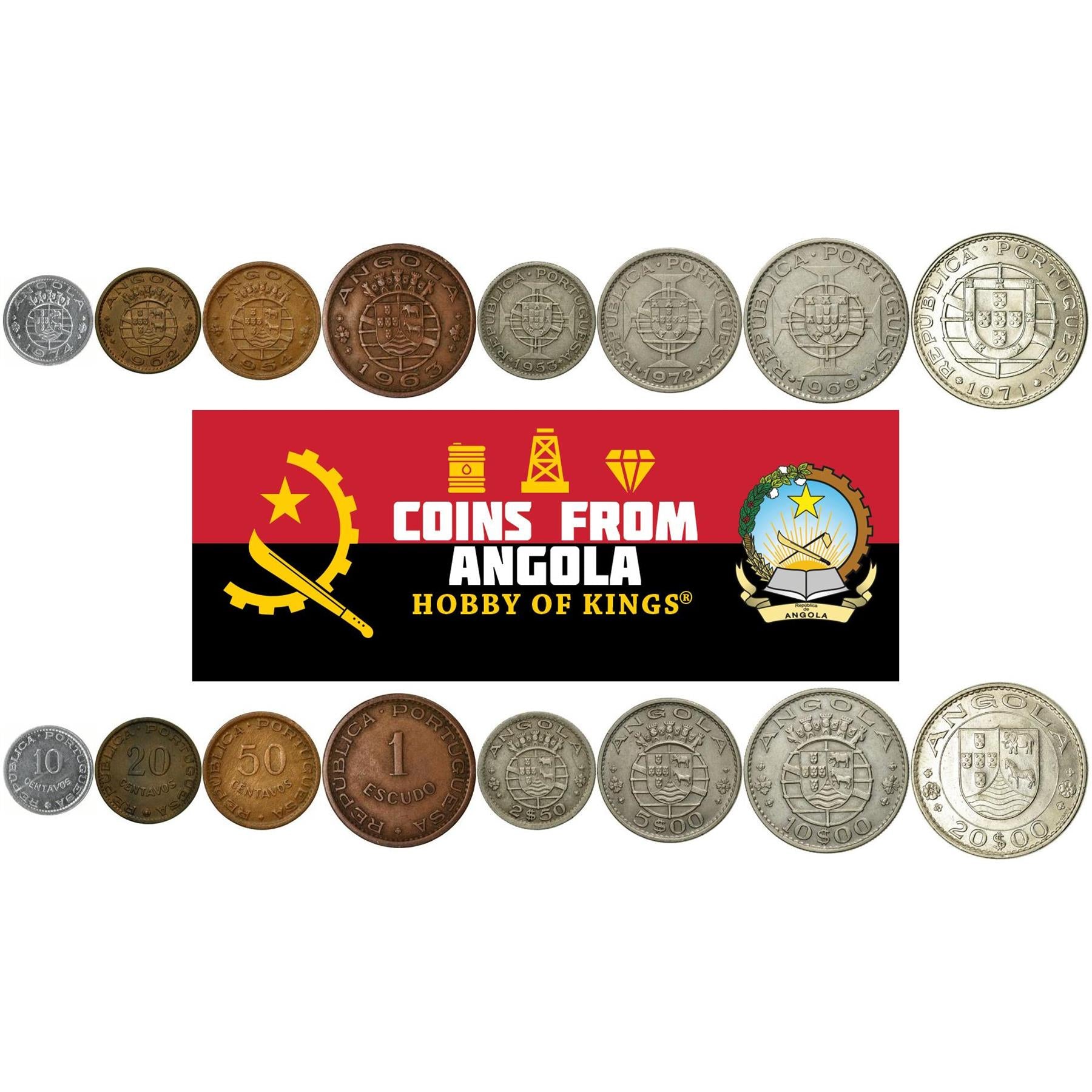Angola | 8 Coin Set | 10 20 50 Centavos 1 Escudo 2.50 5 10 20 Escudos | 1953 - 1974