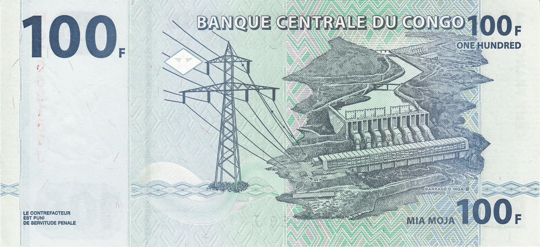 República Democrática del Congo | Billete de 100 francos | 2007 - 2022 | Elefante de la sabana africana | Líneas eléctricas | Presa y central eléctrica