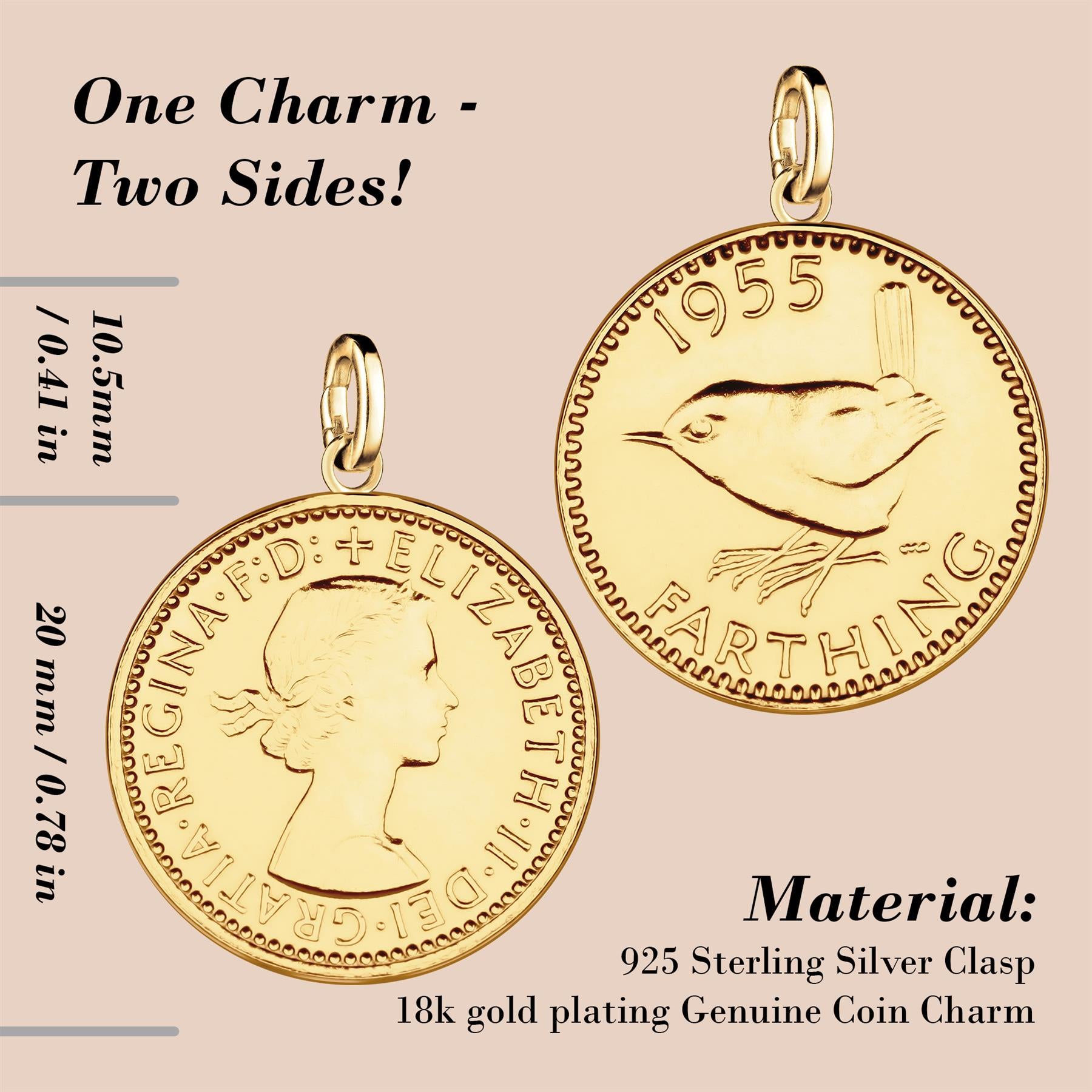 British 1 Farthing Coin Charm | 925 Sterling Silver 18K Gold Plated | 1953 - 1956