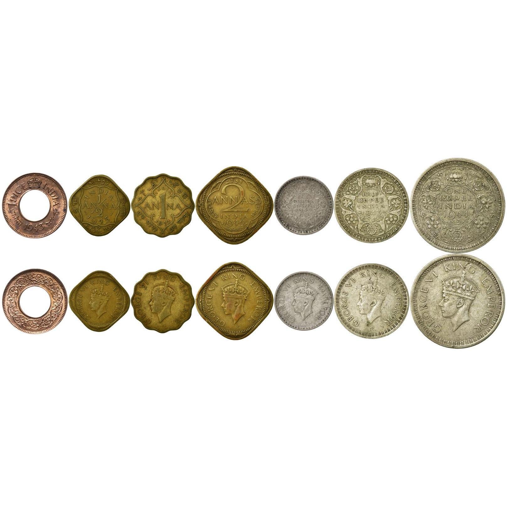 7 Coins British India 1 Pice 1/2 1 2 Annas 1/4 1/2 1 Rupee 1942 - 1945 Indian Money