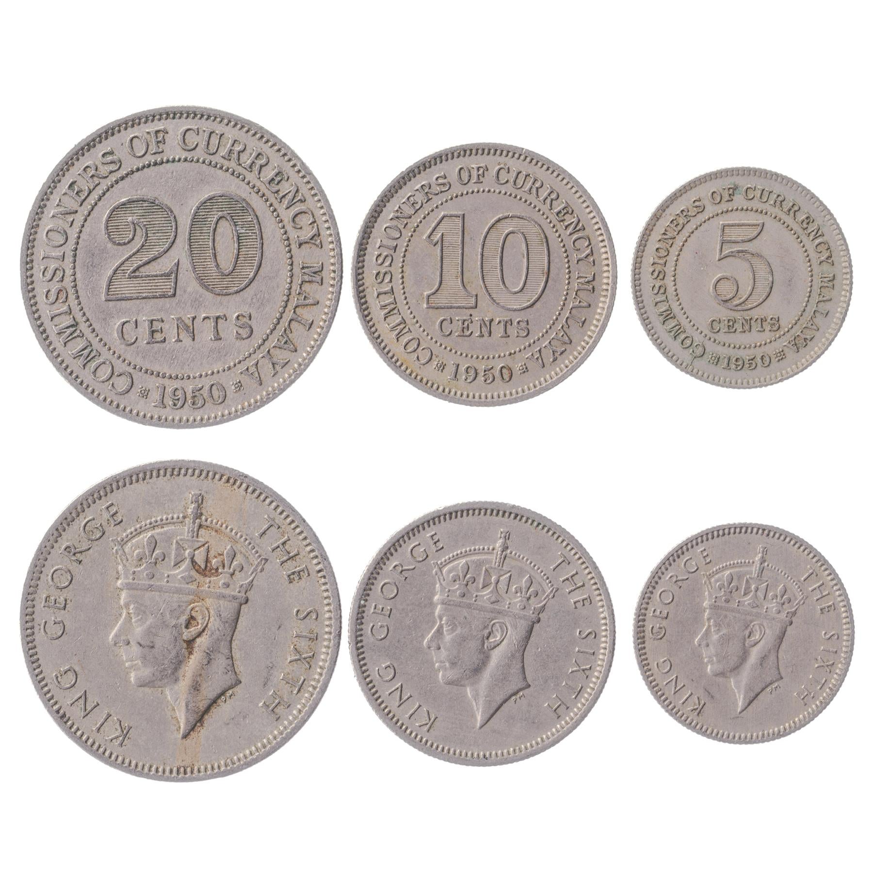 Malaya | 3 Coin Set | 5 10 20 Cents | 1948 - 1950