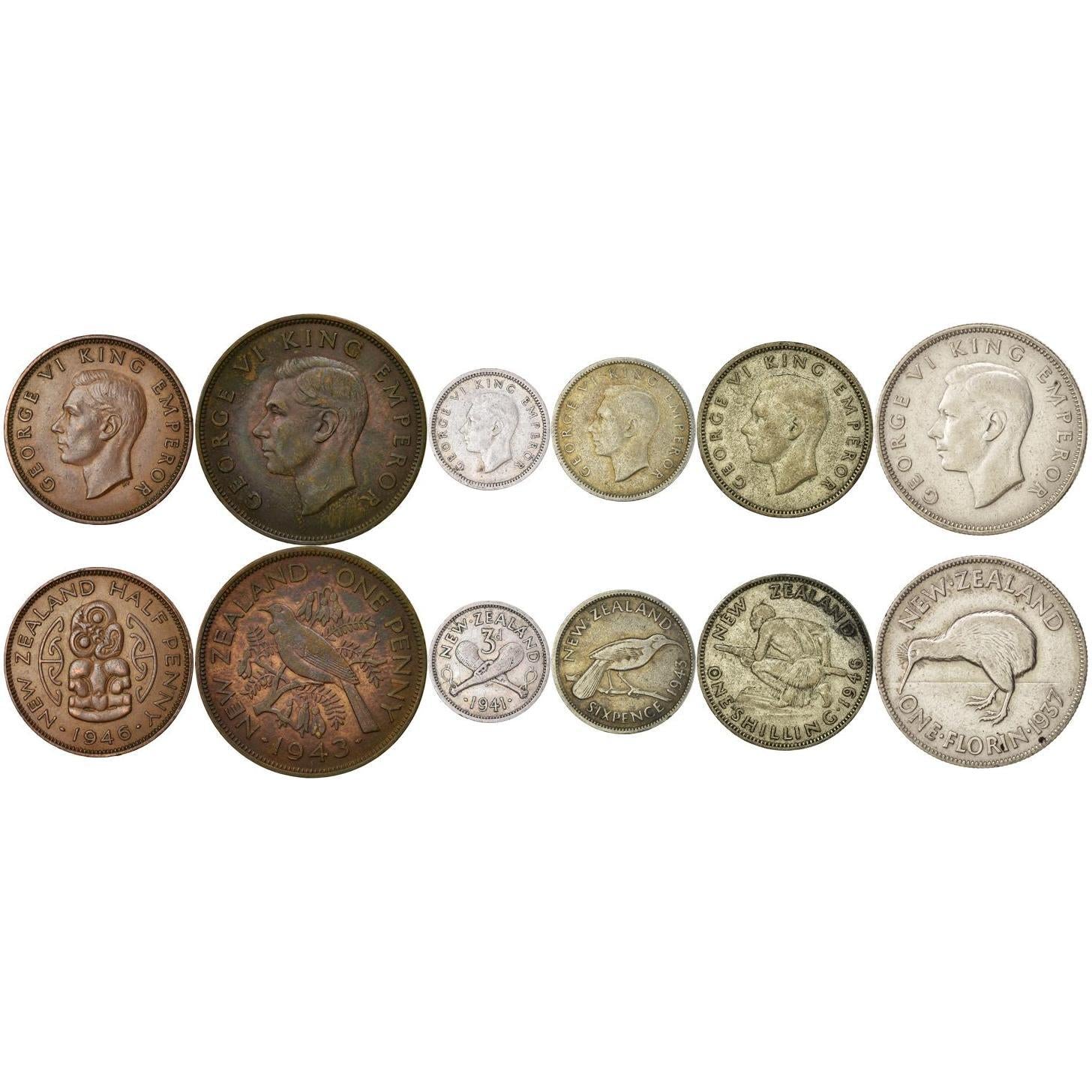 New Zealand | 6 Coin Set | 1/2 1 Penny 3 6 Pence 1 Shilling 1 Florin | 1937 - 1947