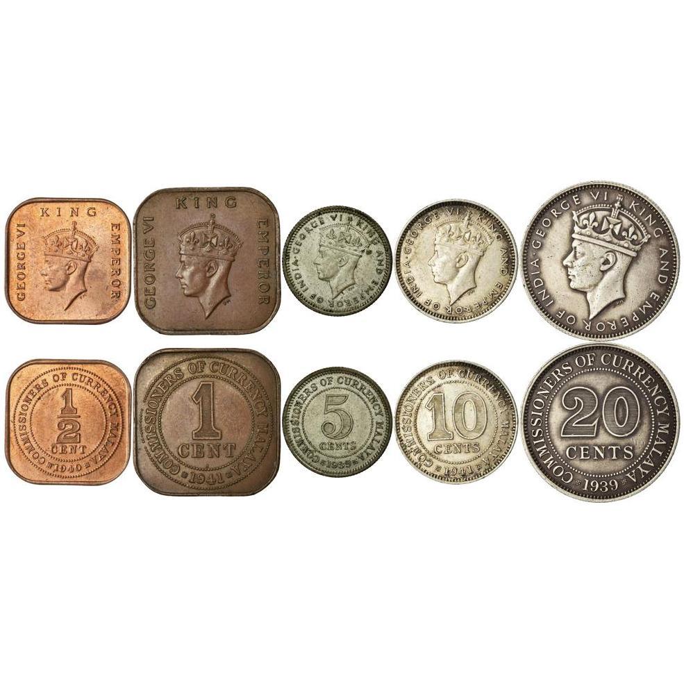 Malaya | 5 Coin Set | 1/2 1 Cent 5 10 20 Cents | 1939 - 1941