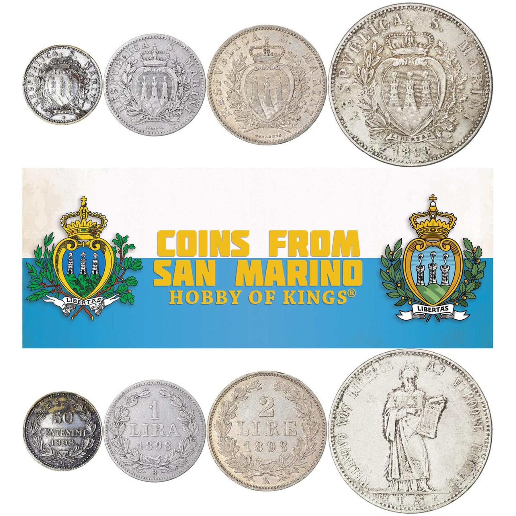 San Marino | 4 Coin Set | 50 Centesimi 1 2 5 Lira | 1898 - 1906