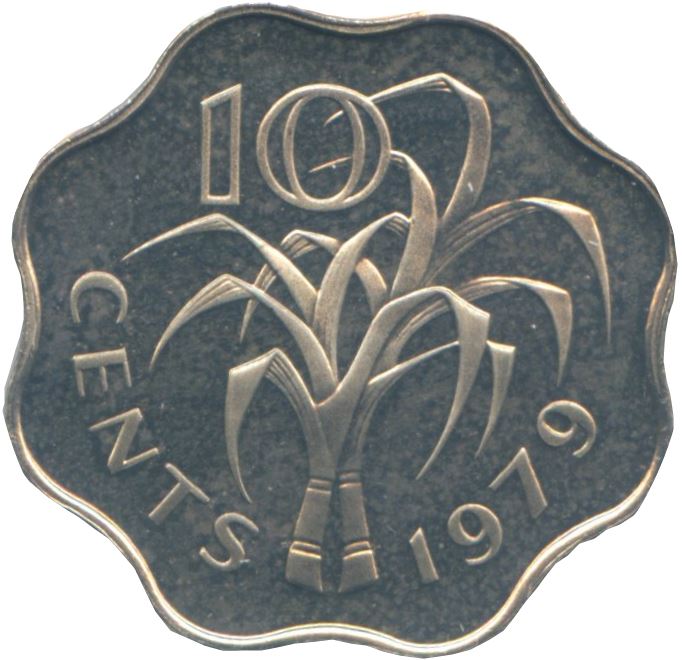 Kingdom of Swaziland | 10 Cents Coin | King Sobhuza II | Sugar Canes | Km:10 | 1974 - 1979