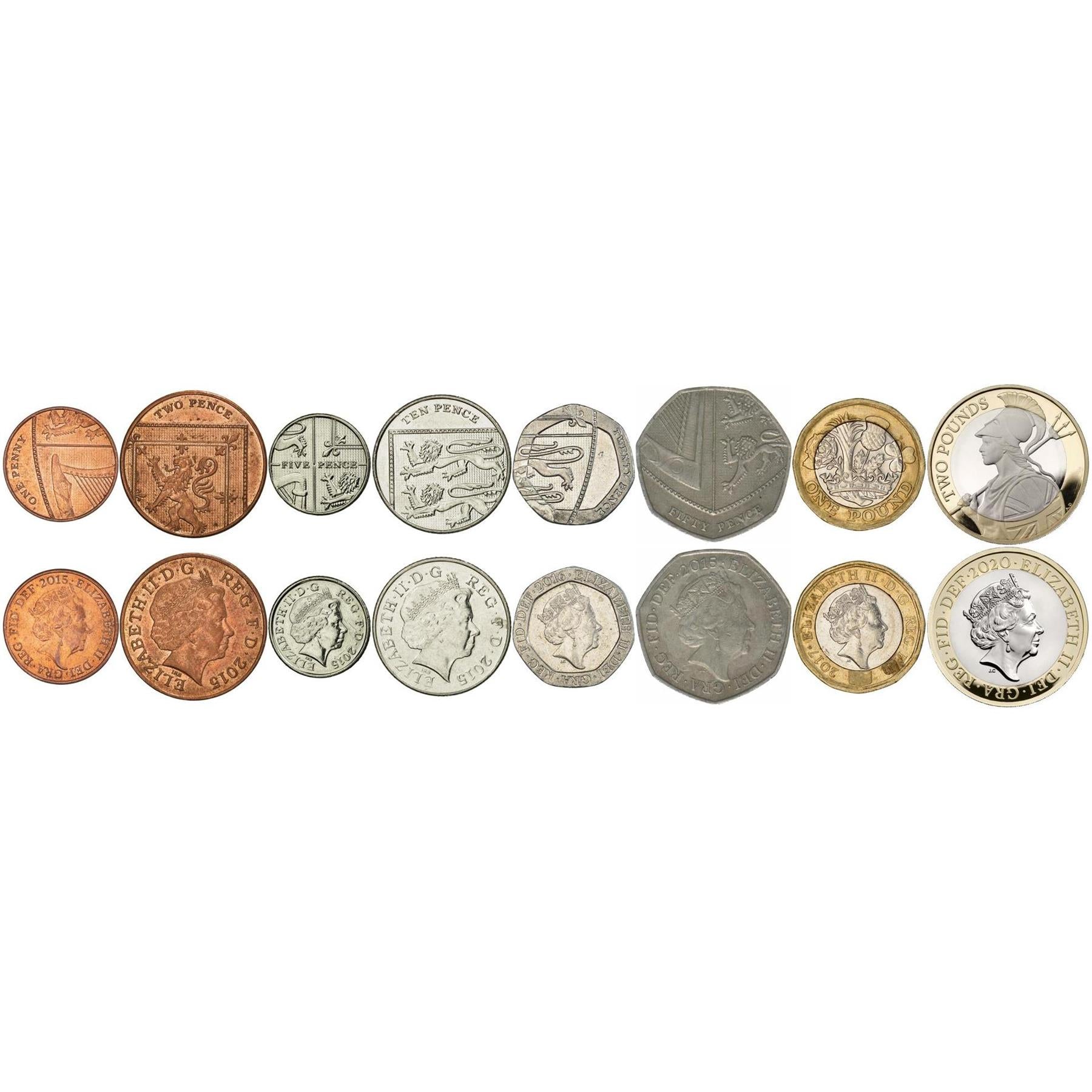 United Kingdom | 8 Coin Set | 1 Penny 2 5 10 20 50 Pence 1 Pound 2 Pounds | 2015 - 2022