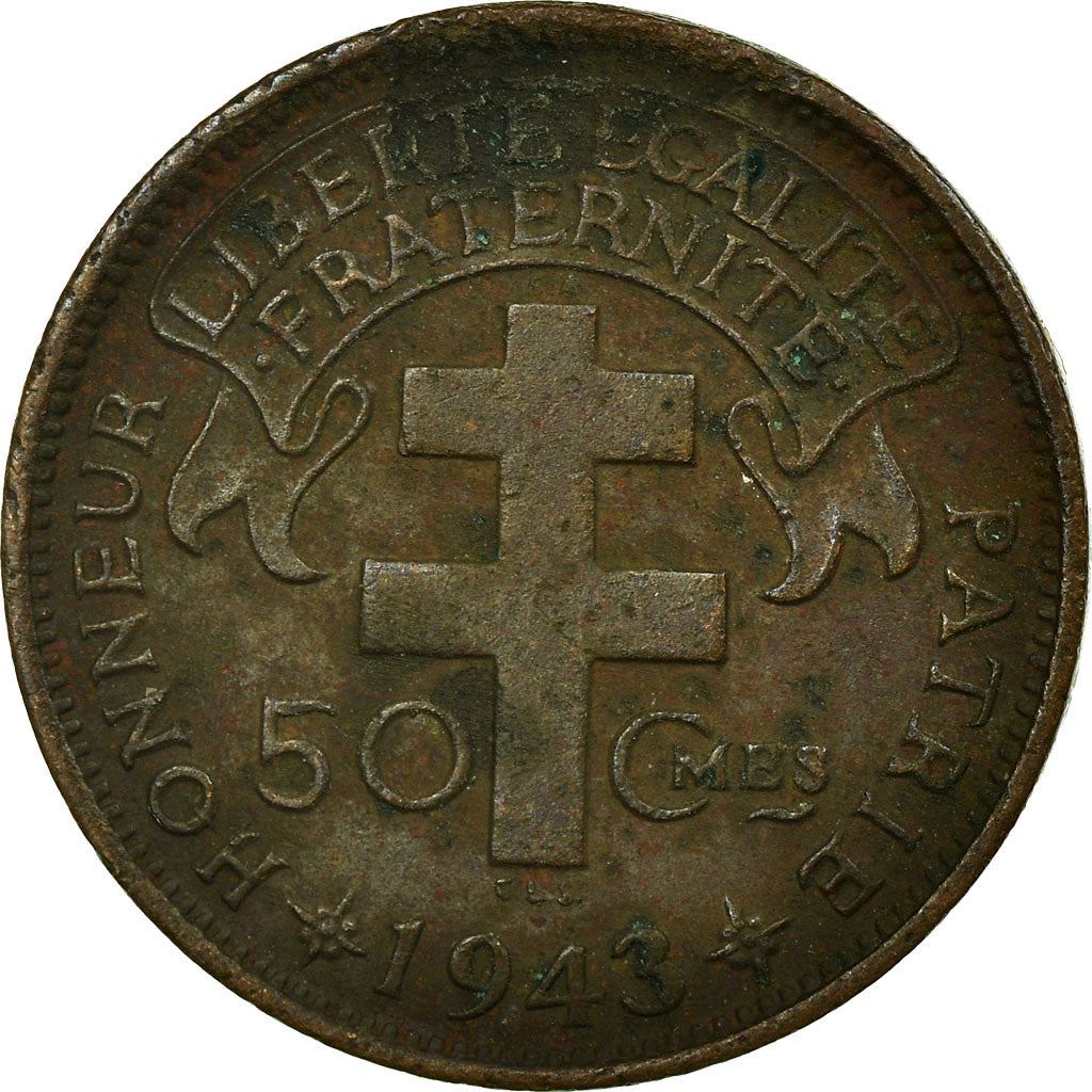 French Cameroon | 50 Centimes Coin | Rooster | Lorraine Cross | Km:6 | 1943