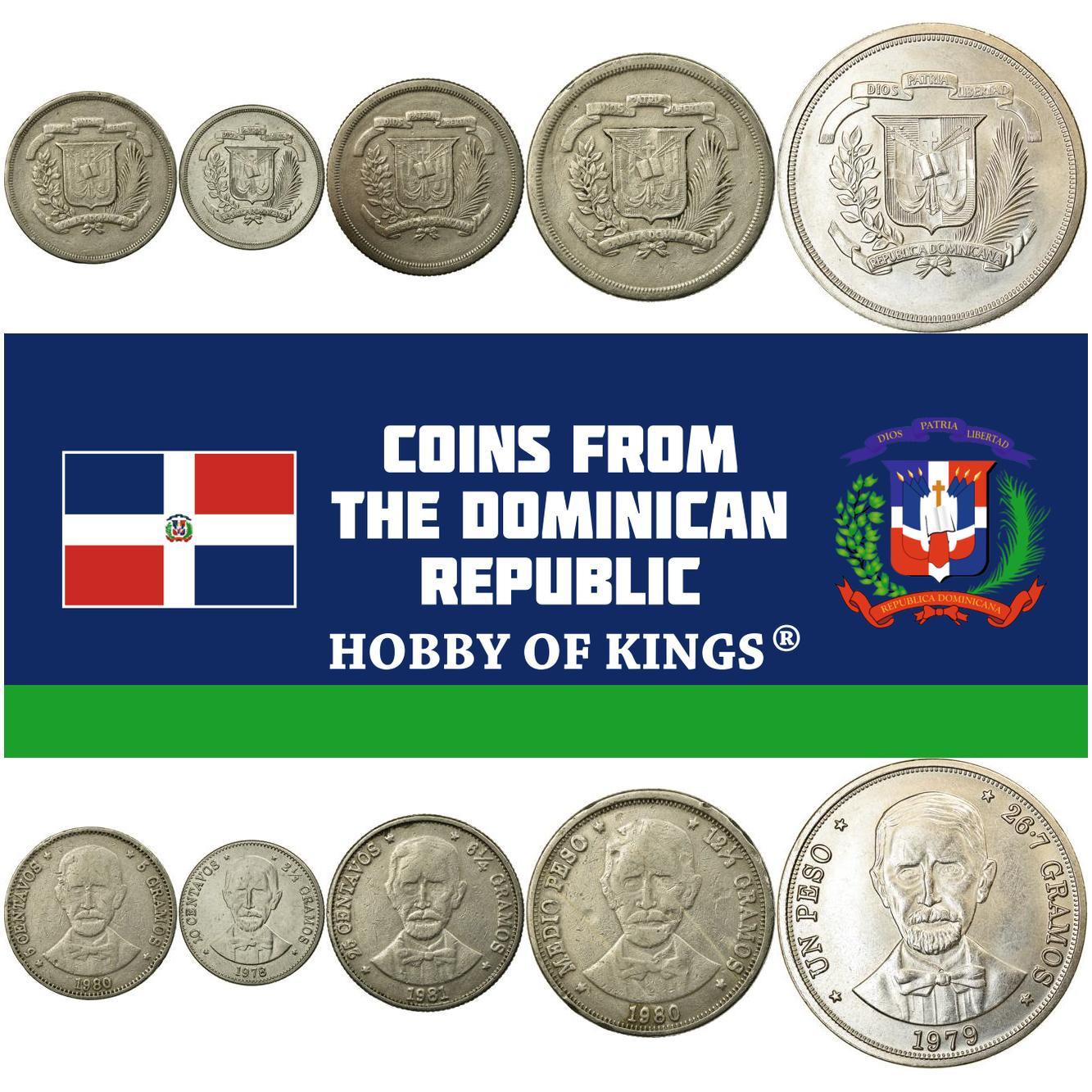 Dominican Republic | 5 Coin Set | 5 10 25 Centavos 1/2 1 Peso | Juan Pablo Duarte | 1978 - 1981