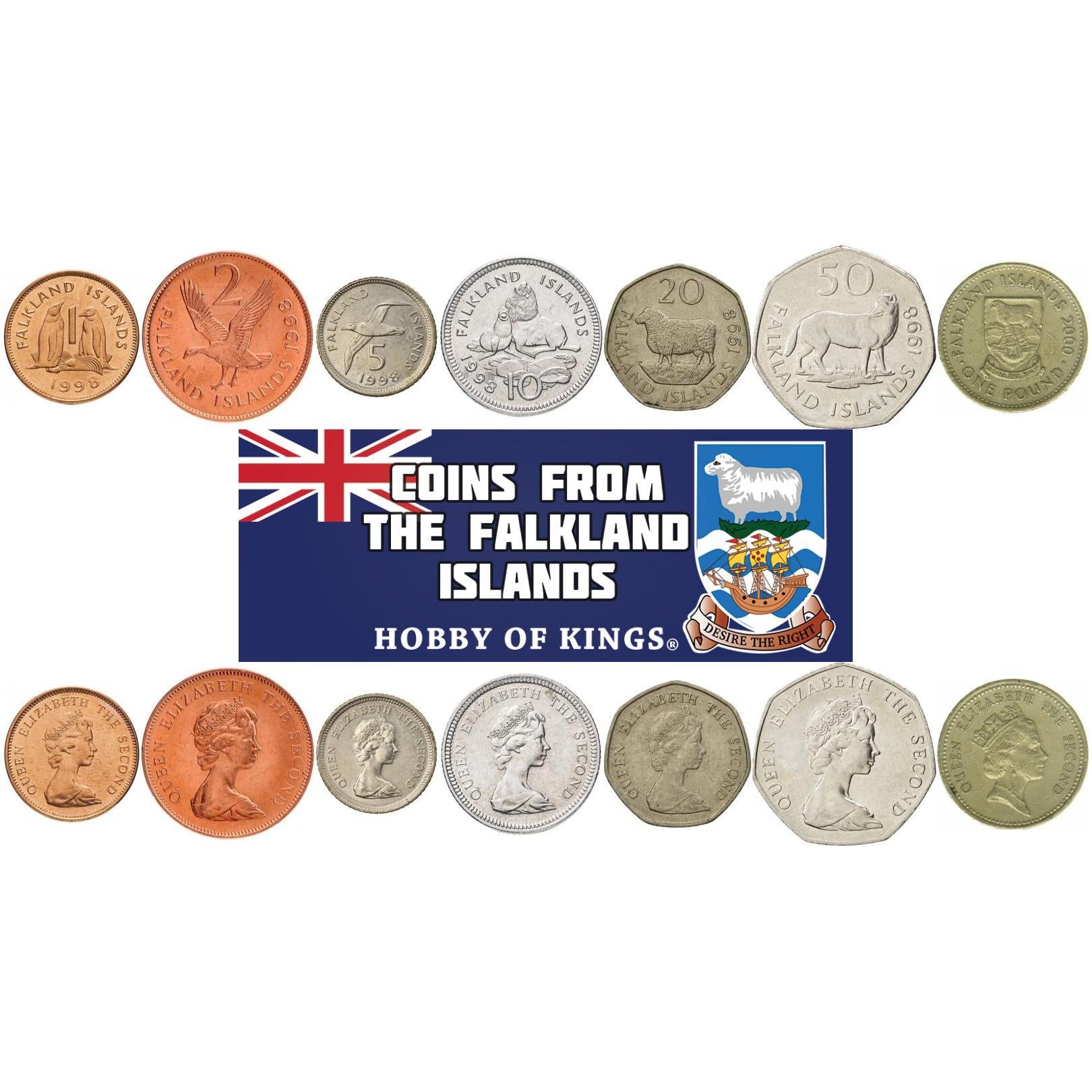 Falklandsöarna | Set med 7 mynt | 1 Penny 2 5 10 20 50 Pence 1 Pound | 1998 - 2000