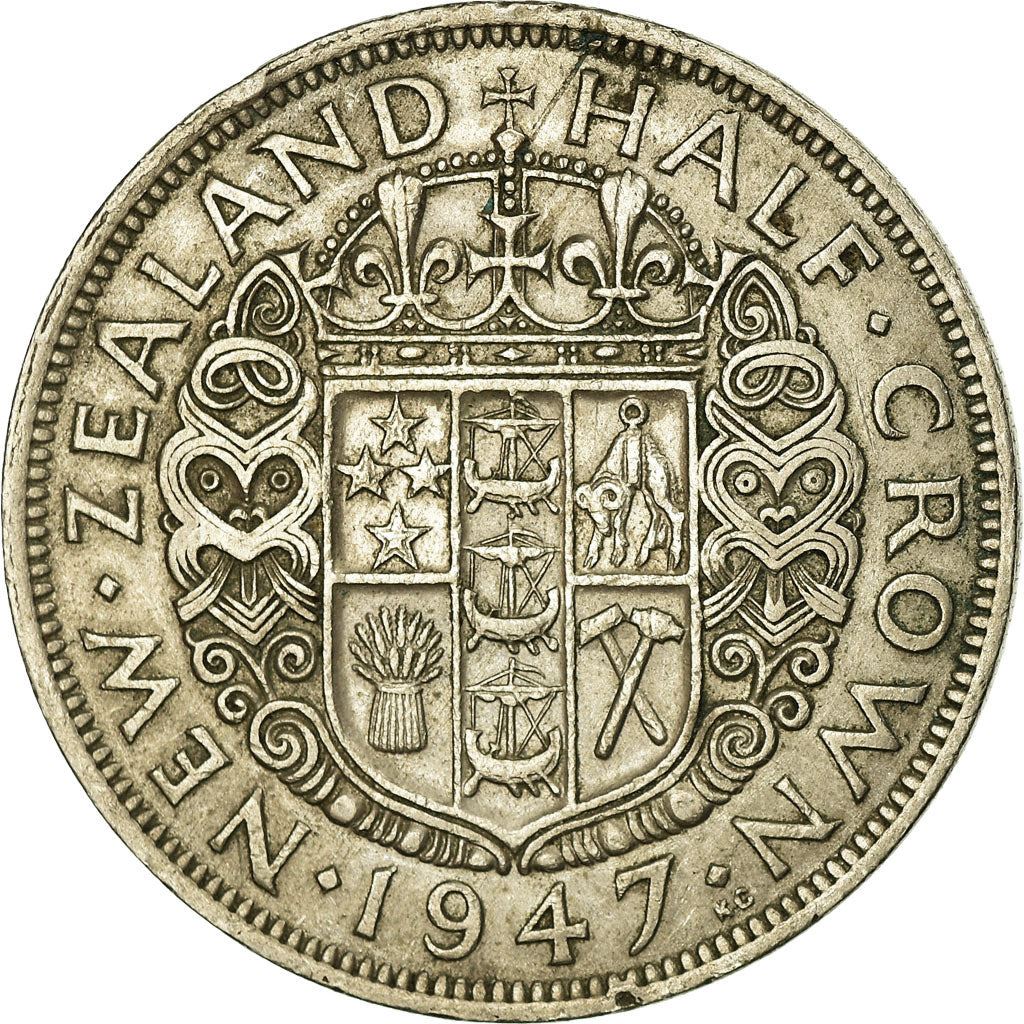 New Zealand | 1/2 Crown Coin | George VI | Crowned Shield | Maori Ornaments | Km:11A | 1947