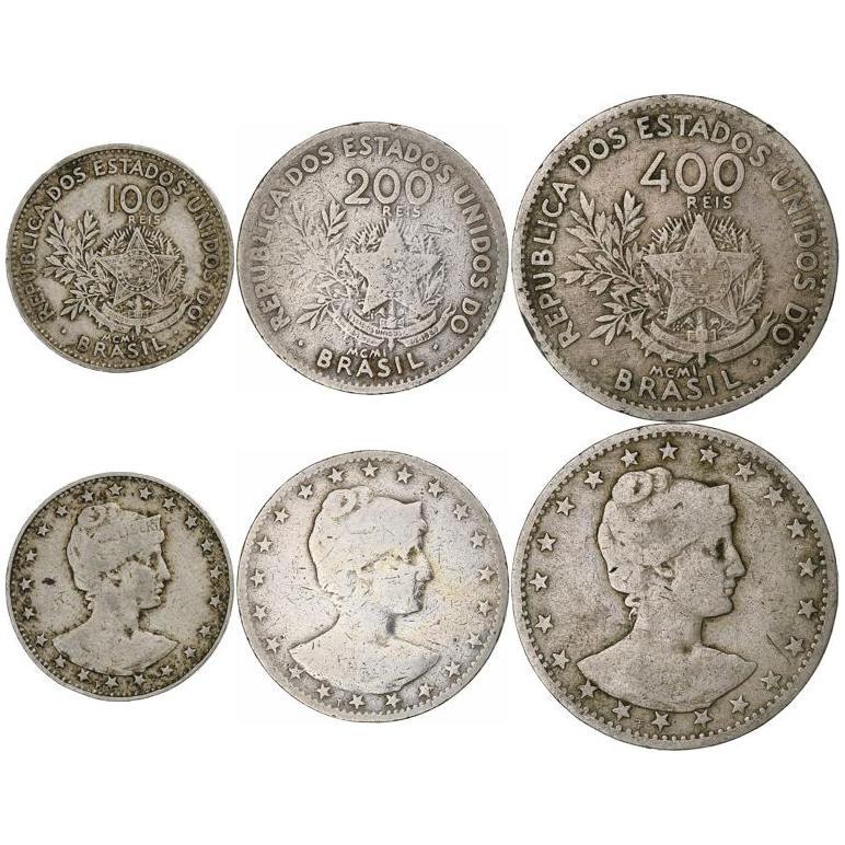 Brasil | Conjunto de 3 Moedas | 100 200 400 Réis | 1901 (MCMI)