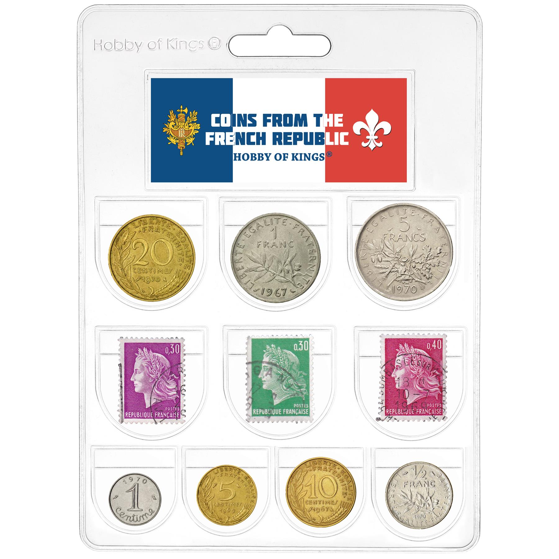 法国 | 3 枚独特邮票 | 7 枚硬币 | 1 5 10 20 分 1/2 1 5 法郎 | Mariane Cheffer | 1967 -  1970