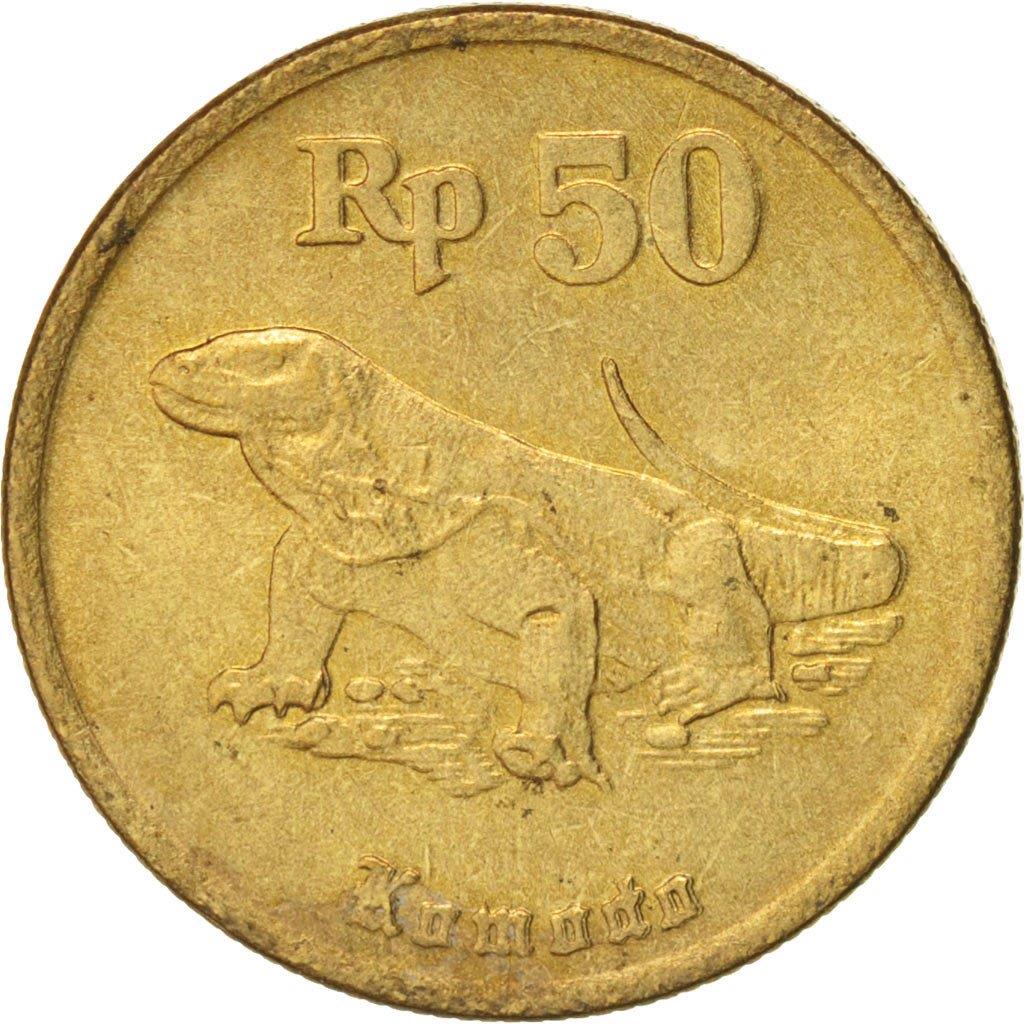 Moneta Indonesia 50 Rupiah KM52 | Lucertola Drago di Komodo | 1991 - 1998