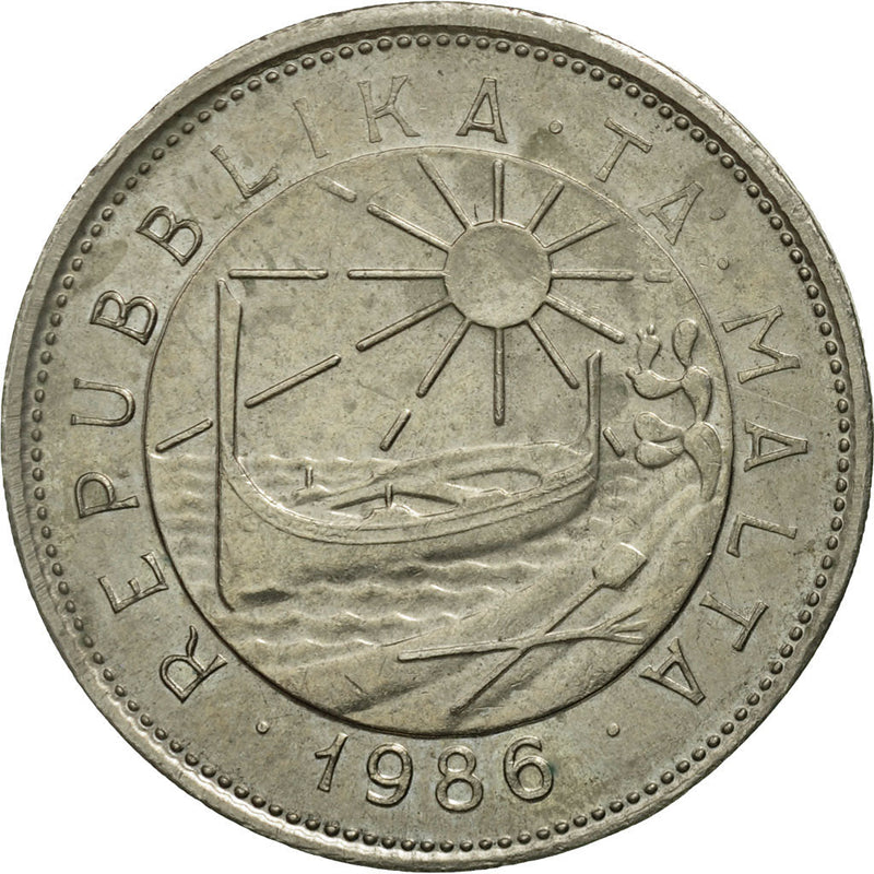 Malta Coin Maltese 25 Cents | Sun | Luzzu Boat | Evergreen Rose | KM80 | 1986