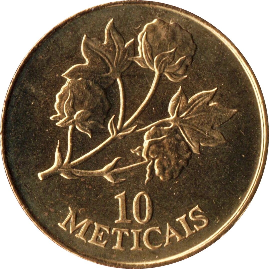 Moneta 10 Meticais Mozambico | Pianta di Cotone | KM117 | 1994