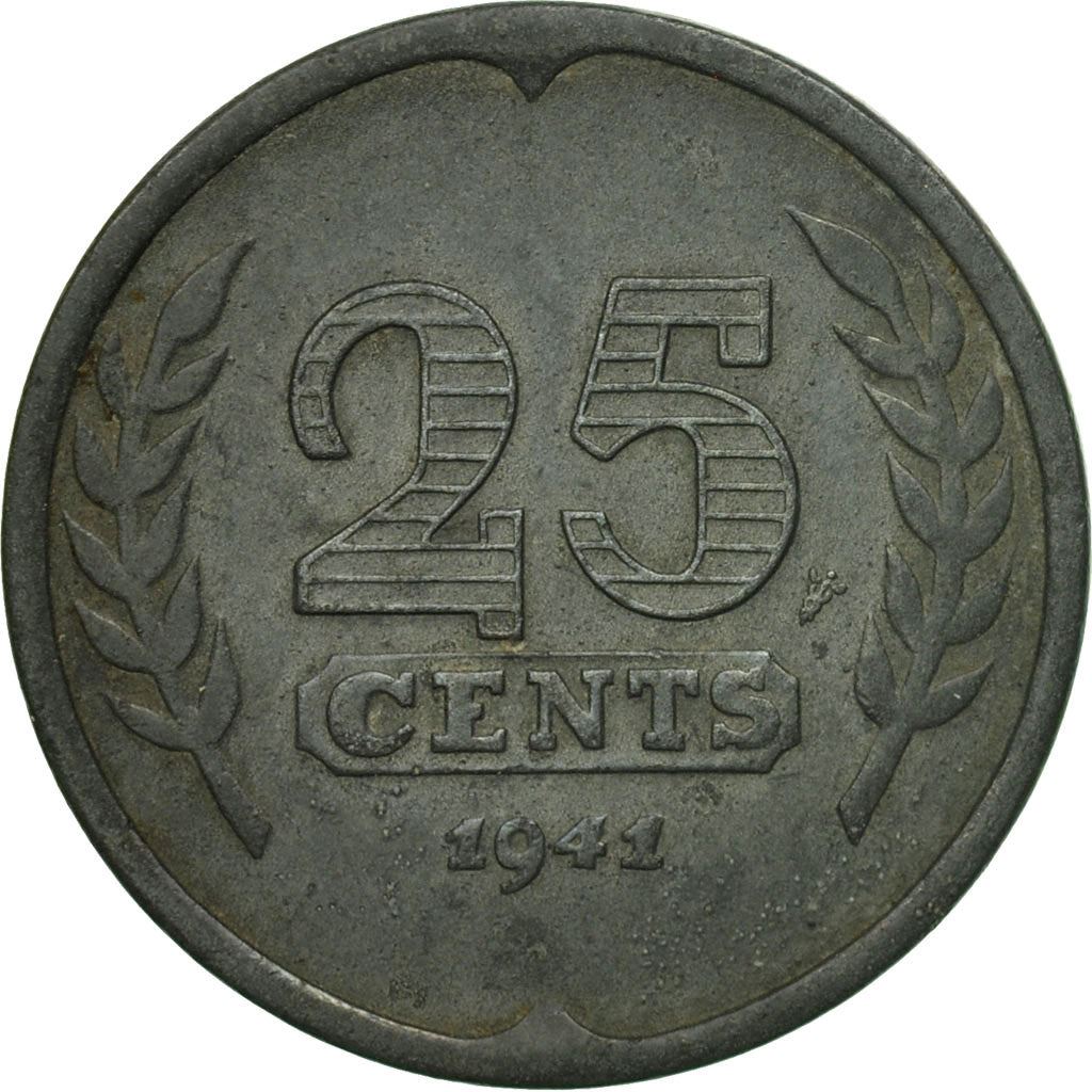 Netherlands Coin 25 Cents | Queen Wilhelmina | Ship | KM174 | 1941 - 1943
