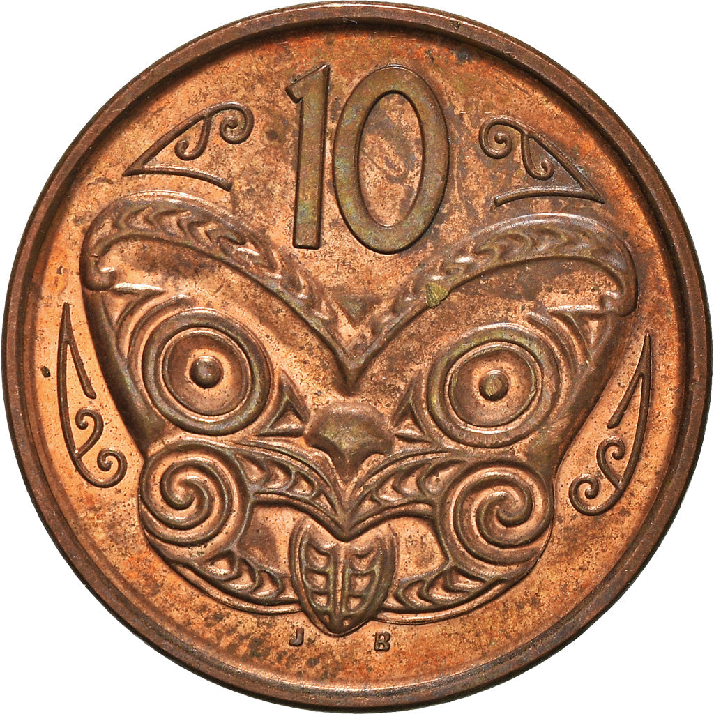 Moneta da 10 centesimi neozelandese | Regina Elisabetta II | Maschera Maori Koruru | KM117a | 2006 - 2021