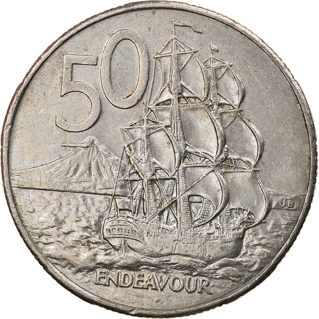 Moneta da 50 centesimi neozelandese | Regina Elisabetta II | Capitano James Cook | HMS Endeavour | KM63 | 1986 - 1998