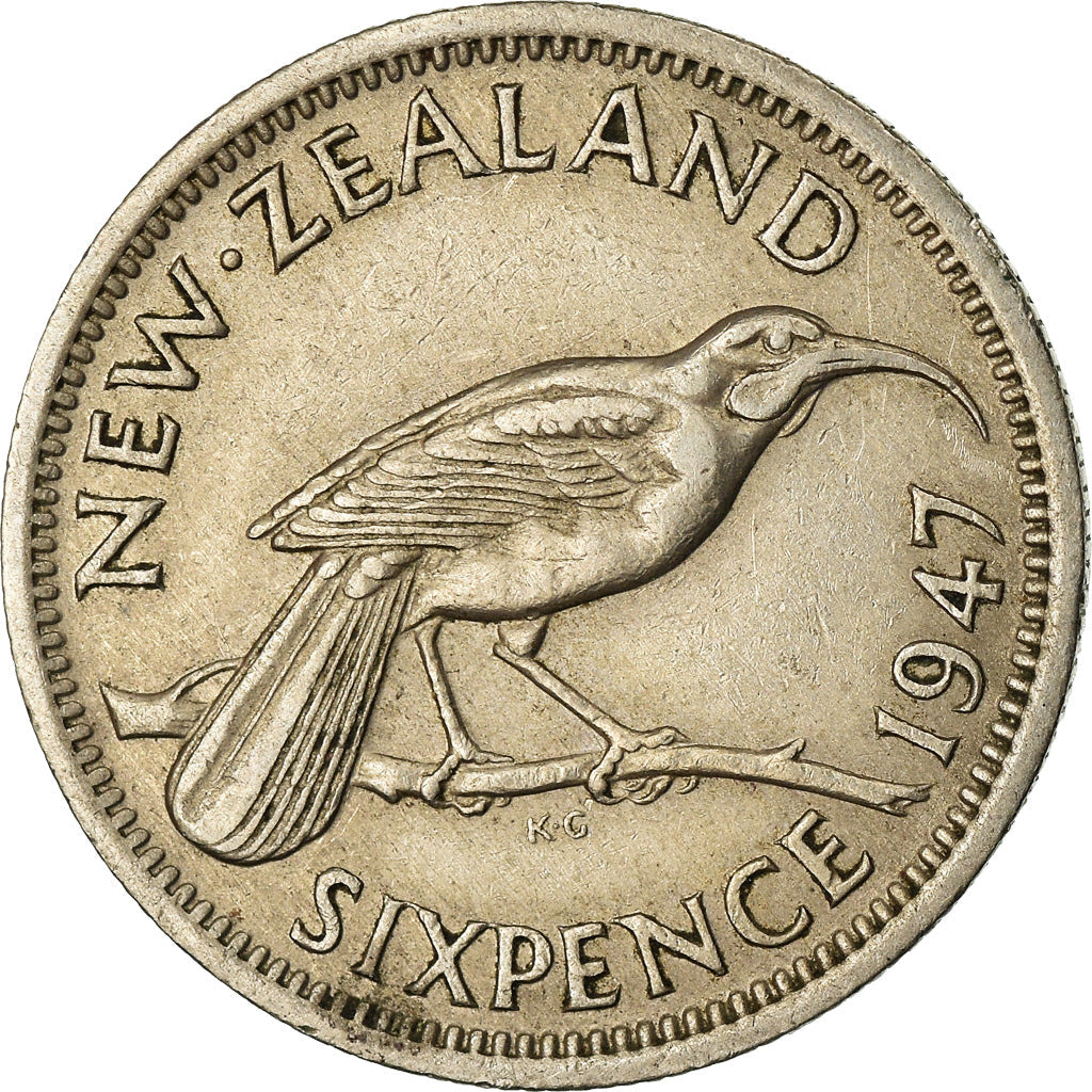 New Zealander 6 Pence Mønt | Kong George VI | Huia Fugl | KM8a | 1947