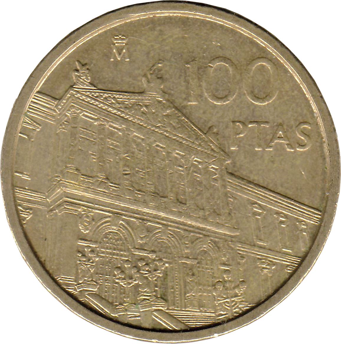 Ispanija 100 pesetų – Juan Carlos I Nacionalinės bibliotekos moneta KM964 1996