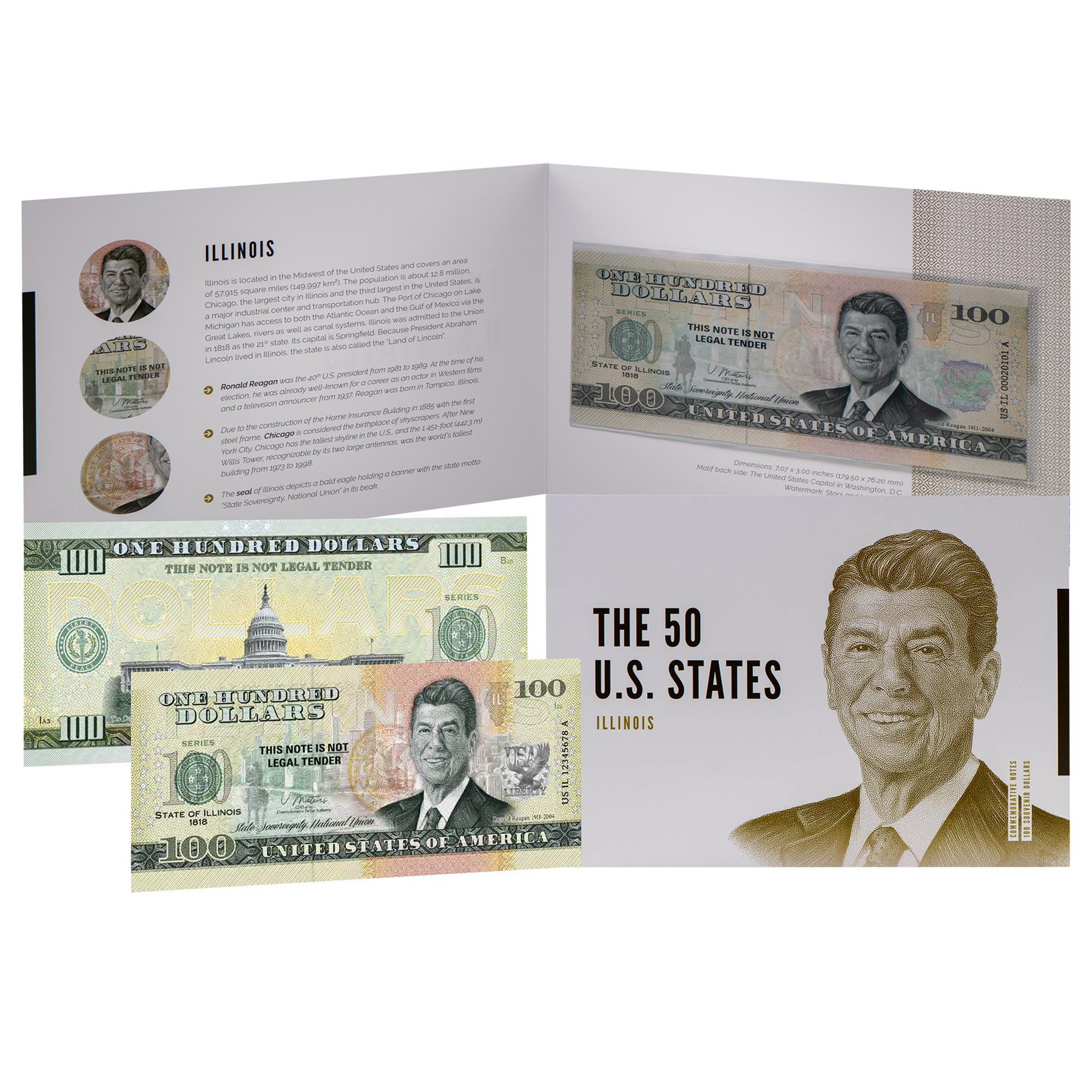 USA 100 Dollar Note | Illinois Commemorative Souvenir | Ronald Reagan Portrait | Chicago Skyline | The 50 U.S. States Edition