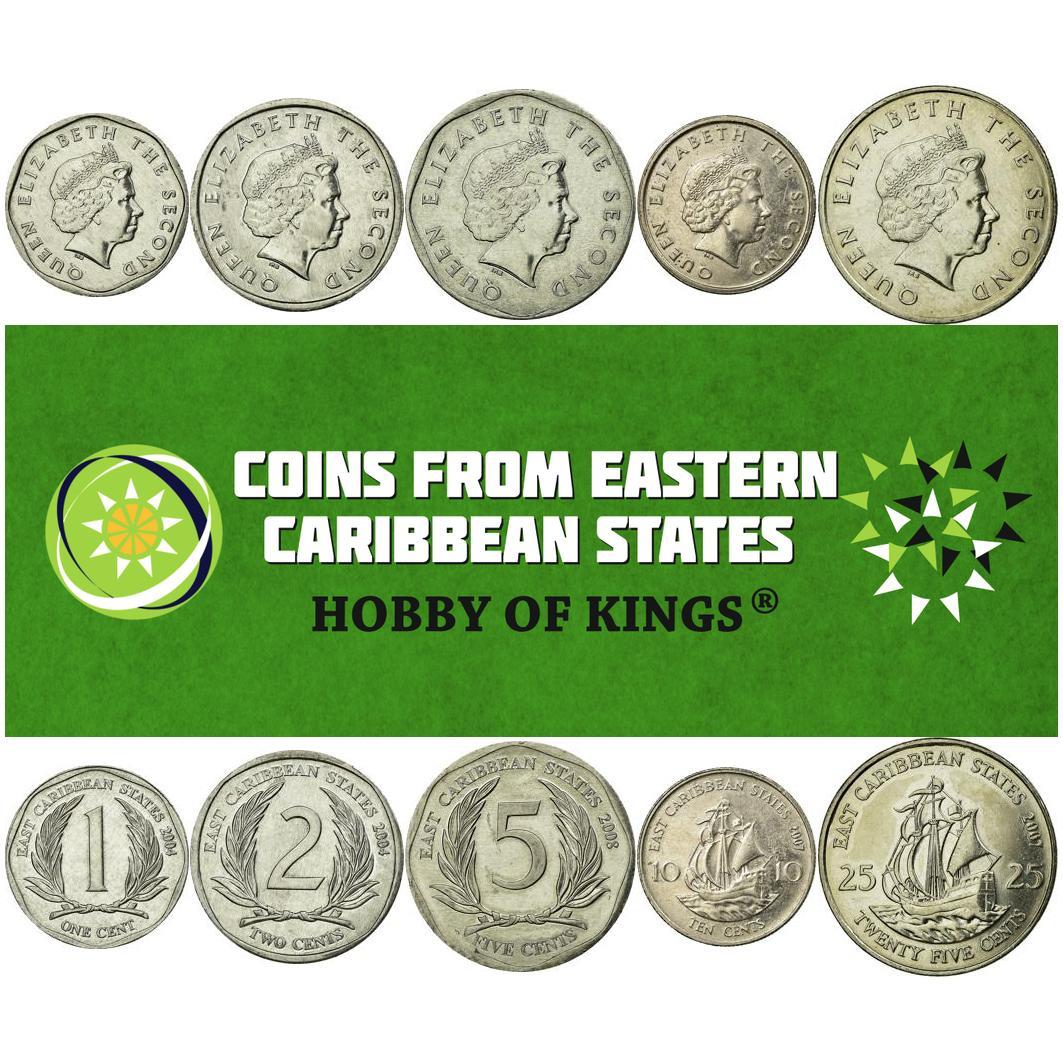 Eastern Caribbean States | 5 Coin Set | 1 Cent 2 5 10 25 Cents | Palm Tree Fronds | Elizabeth II | Golden Hind | 2002 - 2019