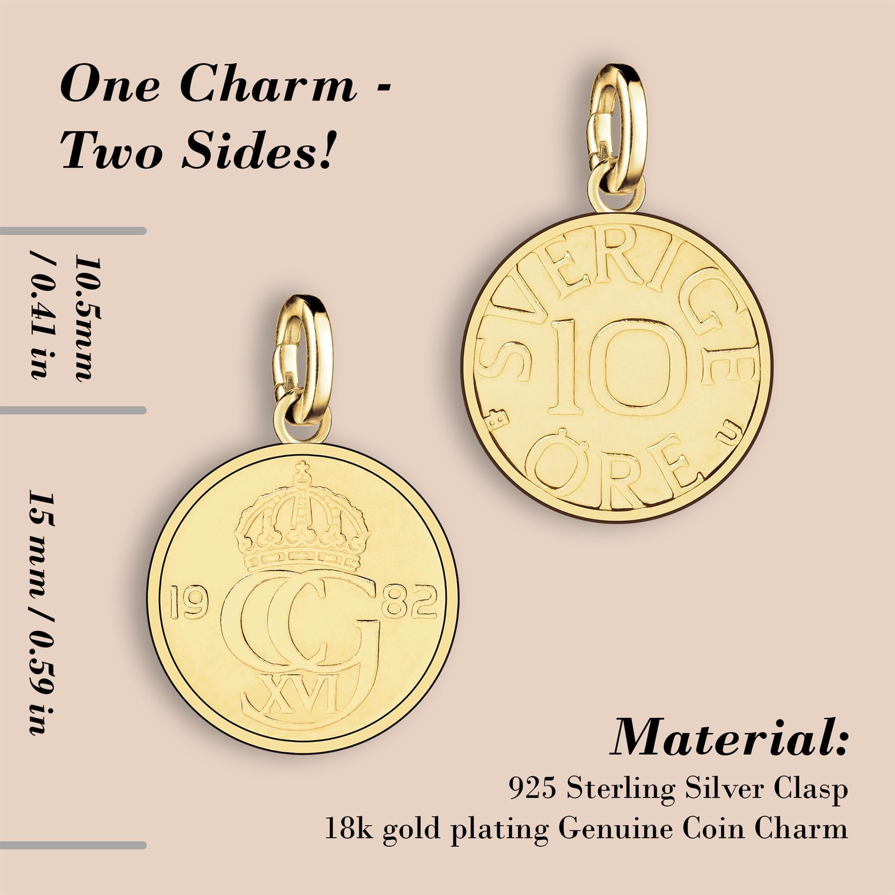 Swedish 10 Öre Coin Charm | 925 Sterling Silver 18K Gold Plated | 1976 - 1991