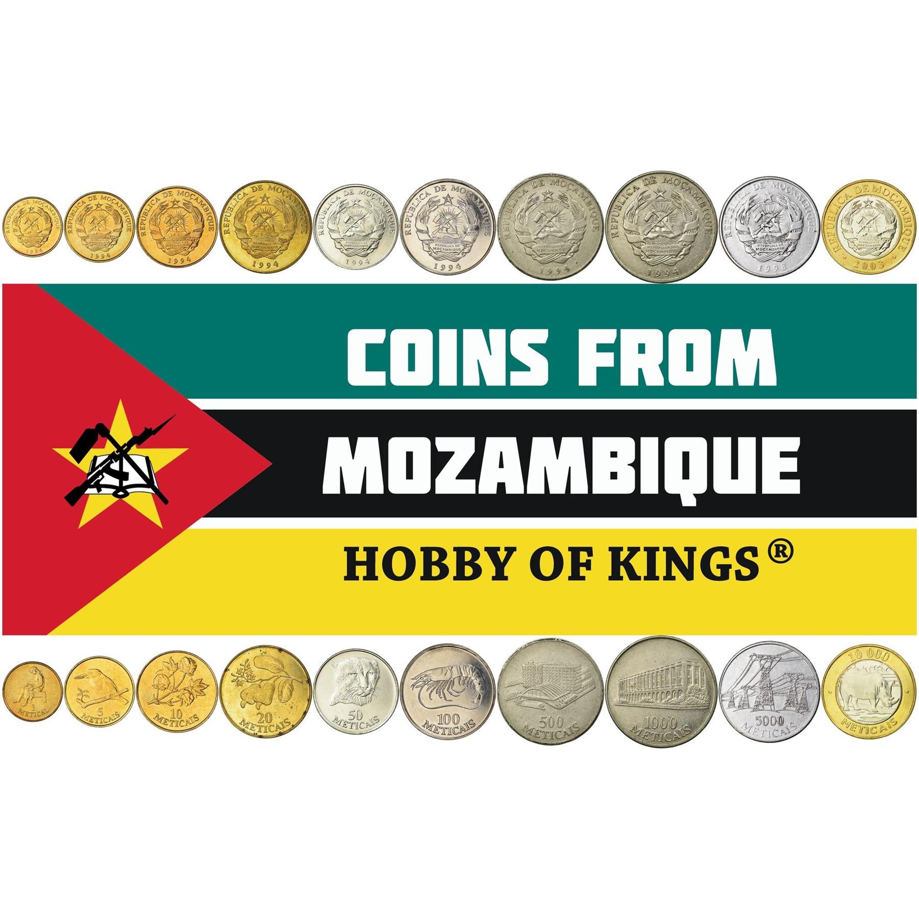 Mozambique | 10 Coin Set | 1 Metical 5 10 20 50 100 500 1000 5000 10 000 Meticais | 1994 - 2003