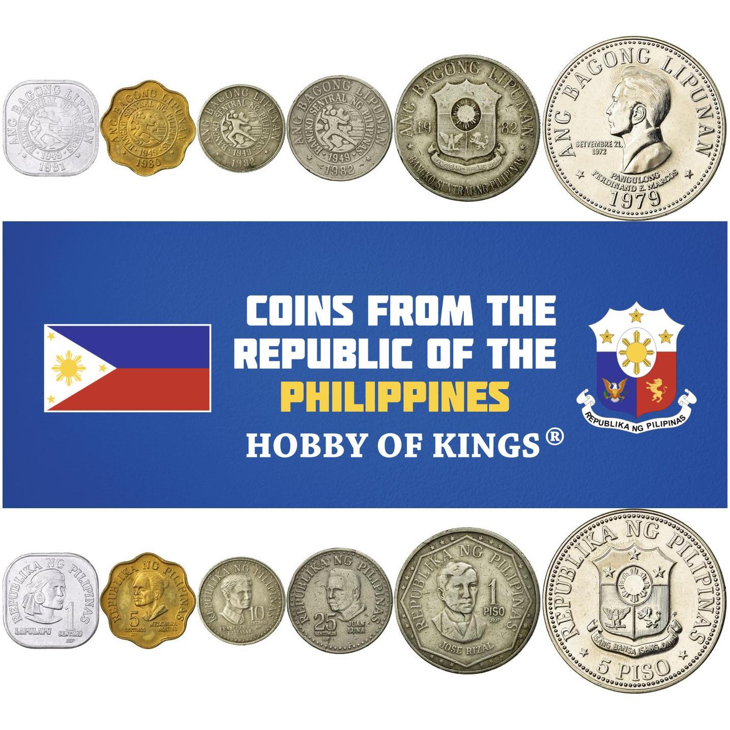Set 6 Coins Philippines 1 5 10 25 Sentimos 1 5 Peso 1979 - 1982
