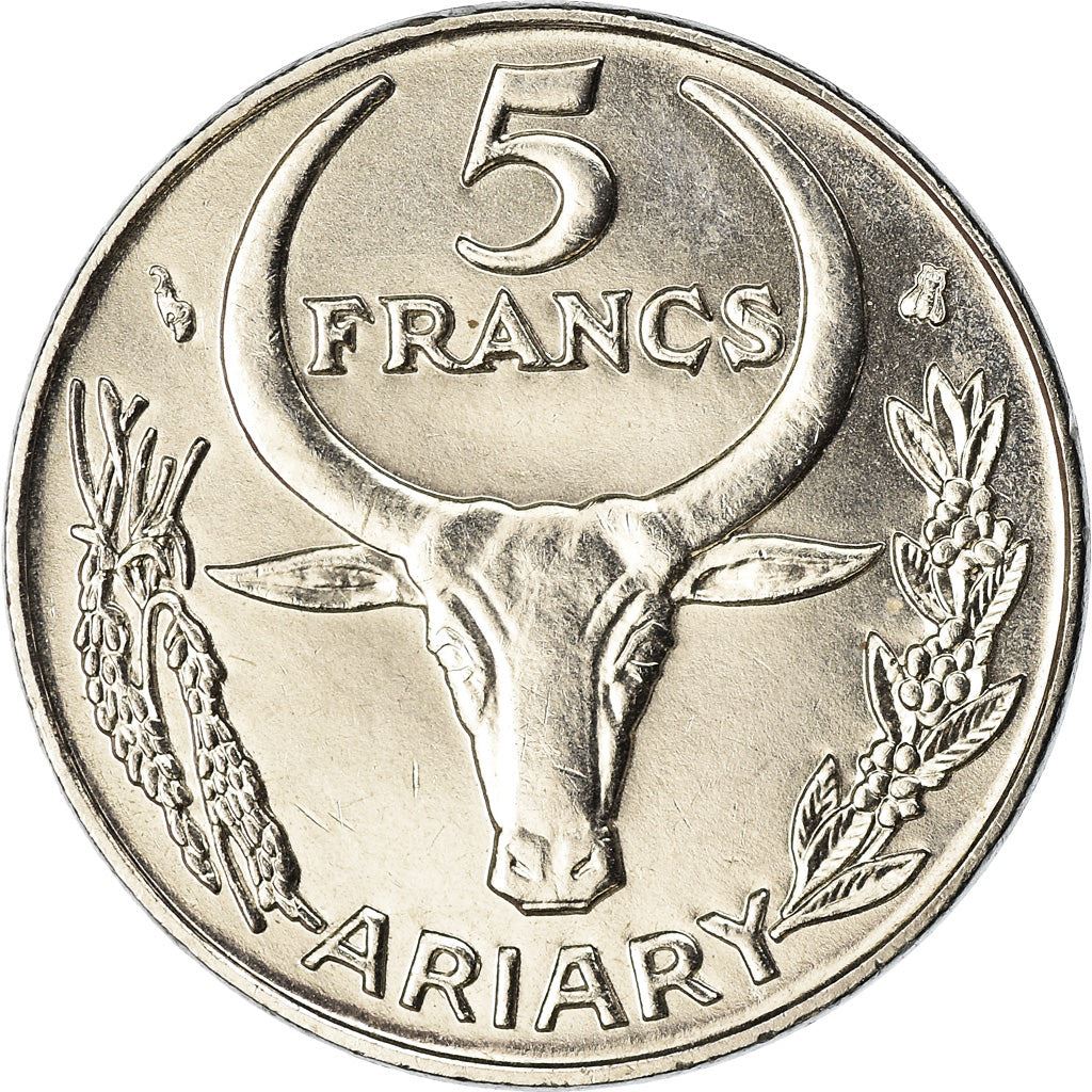 Madagascar | 5 Francs / 1 Ariary Coin | Flower | Zebu | Km:21 | 1996