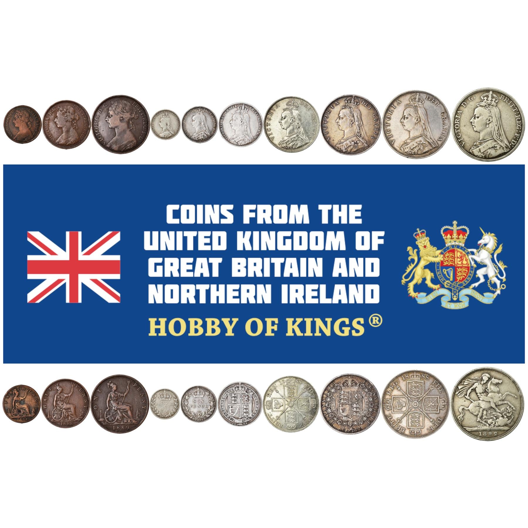 Набор из 10 монет Великобритании: 1 фартинг, 1/2, 1, 3, 6 пенсов, 1 шиллинг, 1, 2 флорина, 1/2, 1 крона | Виктория | Святой Георгий | Дракон | Британия | Соединённое Королевство | 1887 - 1895