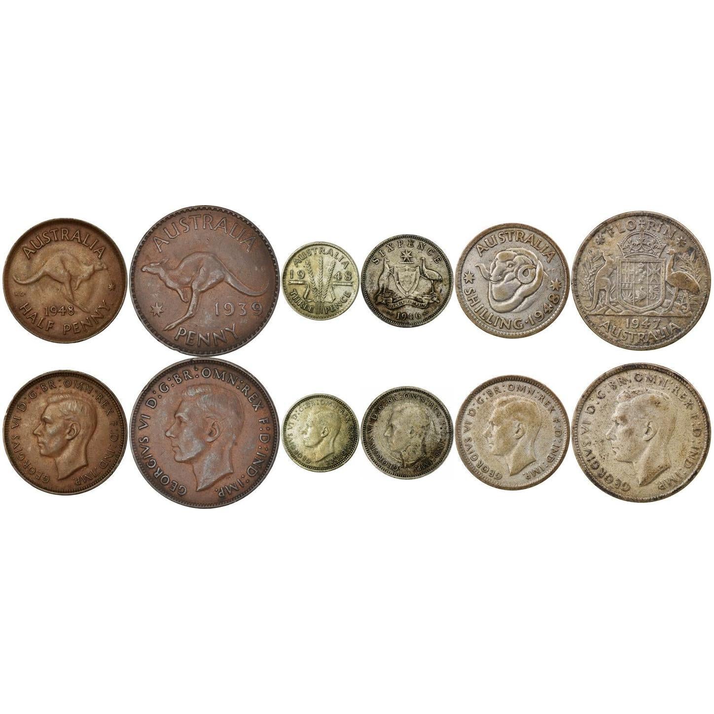 Australia | 6 Coin Set | 1/2 1 Penny 3 6 Pence 1 Shilling 1 Florin | 1938 - 1948