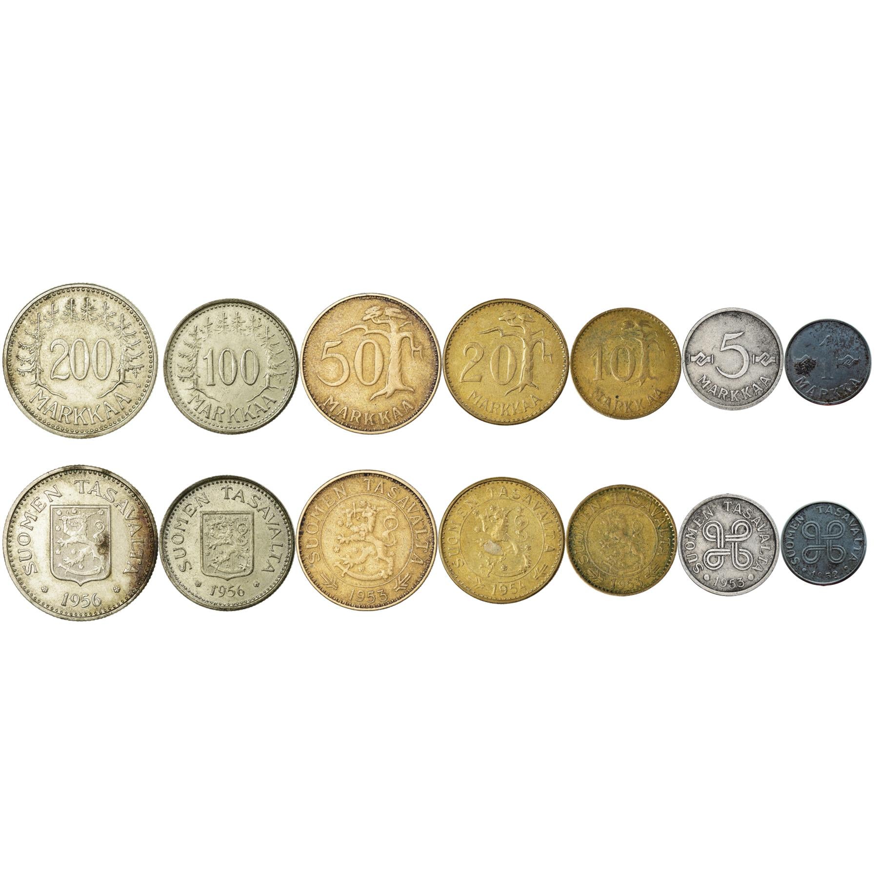 Финский набор из 7 монет 1 5 10 20 50 100 200 марок | Дерево | Крест святого Ханнеса | Финляндия | 1952 - 1962