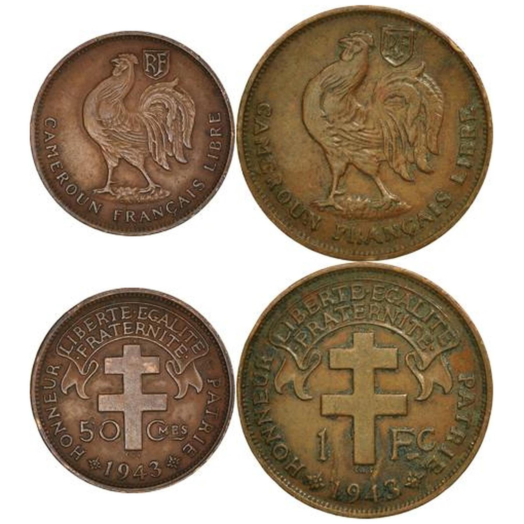 French Cameroon | 2 Coin Set | 50 Centimes 1 Franc | 1943