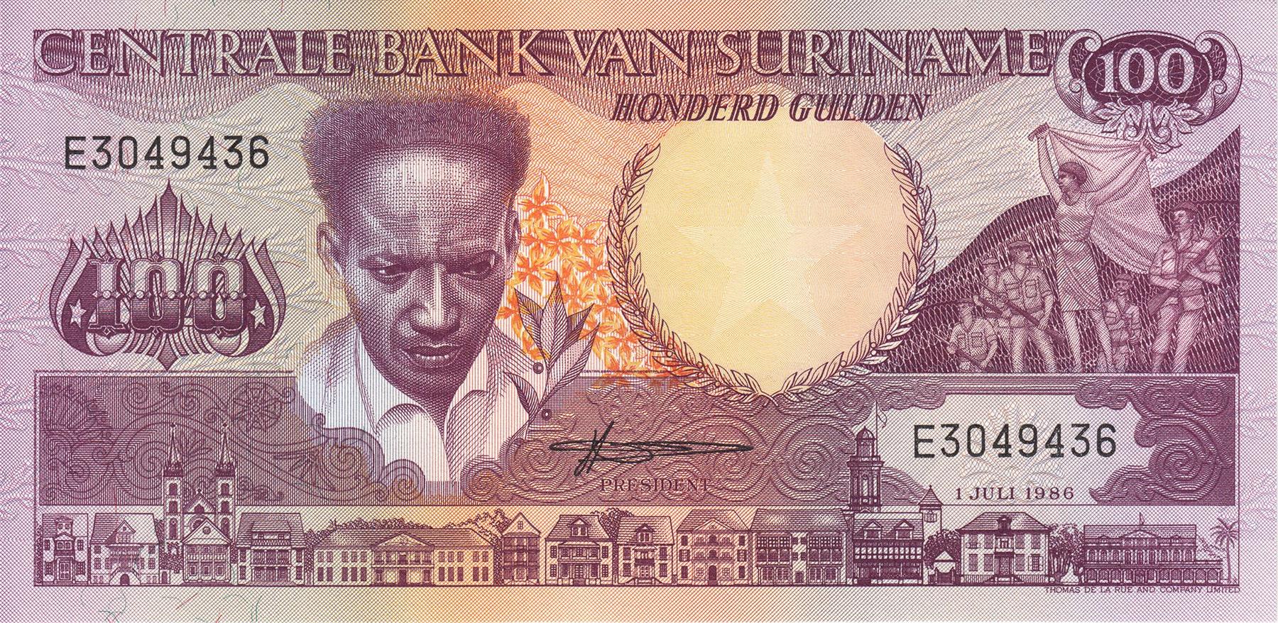 Suriname | 100 Gulden Banknote | 1986 - 1988 | Anton De Kom | Militia | Buildings | Toucan | Speaker with People