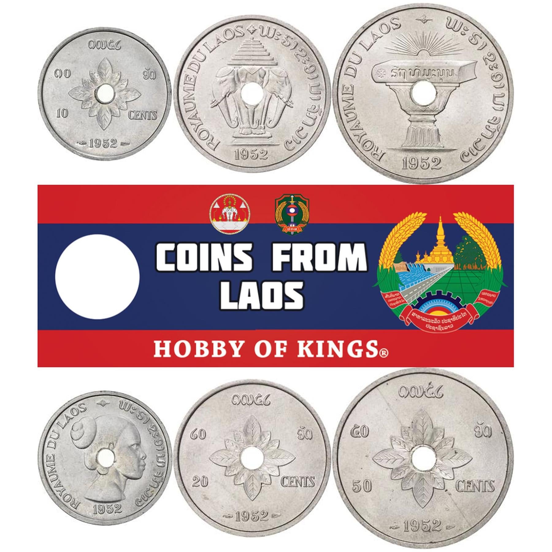 Laos | 3 Coin Set | 10 20 50 Cents | 1952