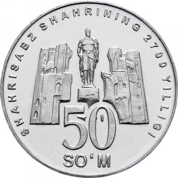 Uzbekistan | 50 SoʻM Coin | 2700th Anniversary | Tamerlane Statue | Shahrisabz | KM:16 | 2002