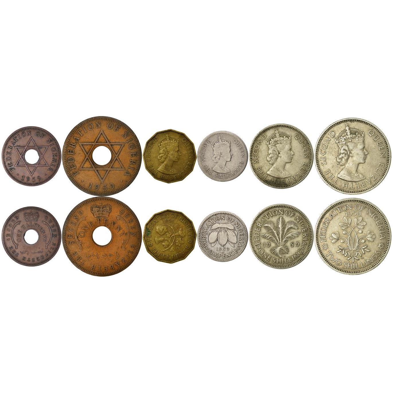Нигерия | Набор из 6 монет | 1/2, 1 пенни, 3, 6 пенсов, 1 шиллинг, 2 шиллинга | 1959 - 1962