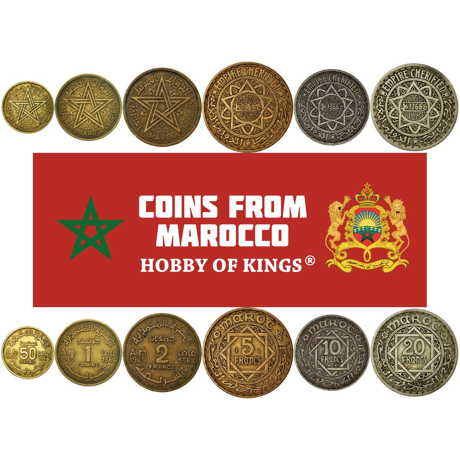 Morocco | 6 Coin Set | 50 Centimes 1 Franc 2 5 10 20 Francs | 1945 - 1947