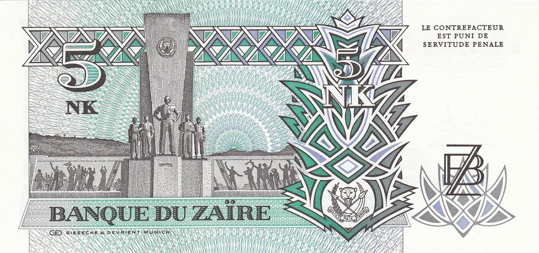 Zaire | 5 Nouveaux Makuta Banknote | 1993 | President Moguto | Leaping Leopard | Independence Monument