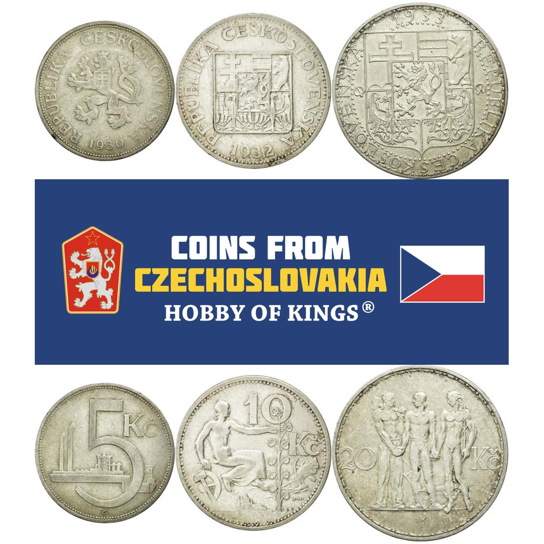 Set 3 Coins Czechoslovakia 5 10 20 Koruna 1921 - 1939