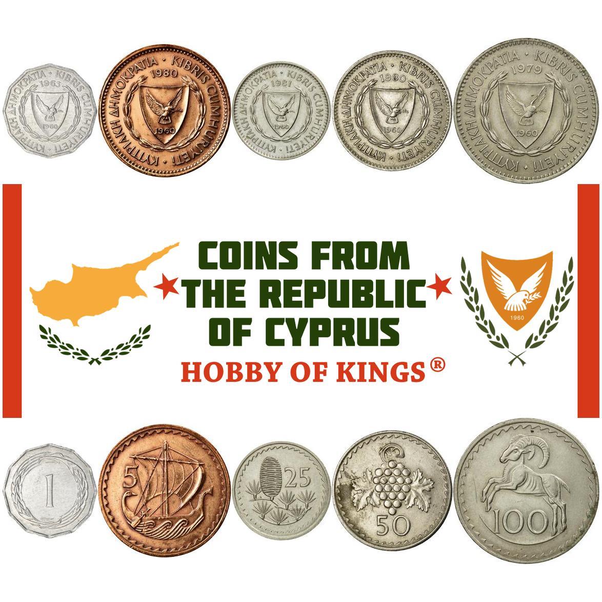Set 5 Coins Cyprus 1 5 25 50 100 Mils 1963 - 1982