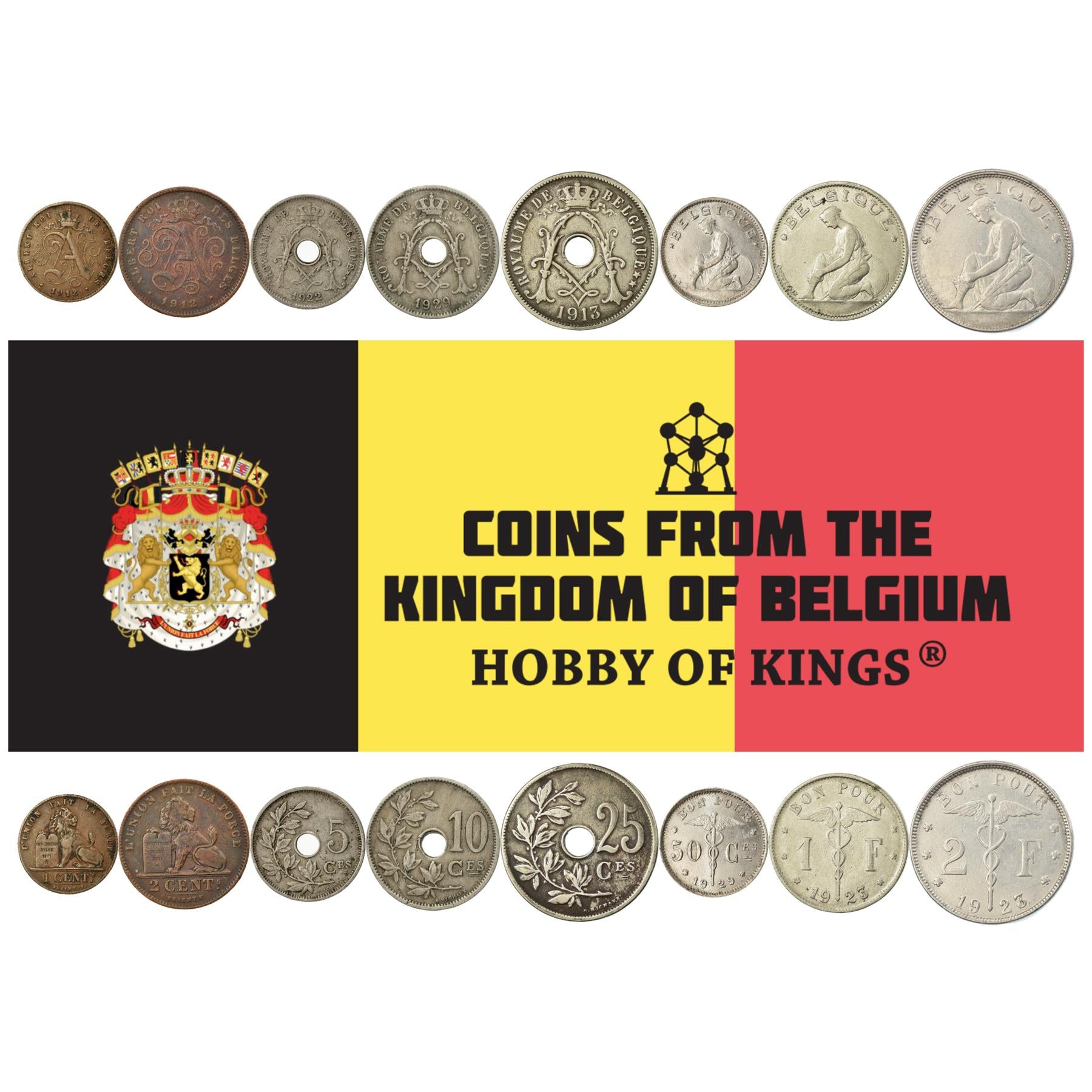 Belgian 8 Coin Set 1 2 5 10 25 50 Centimes 1 2 Francs | Albert I | Lion | Olive And Oak Branches | Belgian Constitution | Caduceus (Staff Of Hermes) | Libertine | Belgium | 1910 - 1935