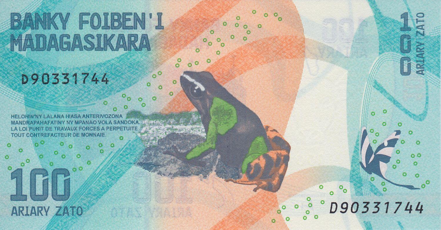 Madagascar | 100 Ariary Banknote | 2017 - 2025 | Cathedral | Butterfly | Birds | Poison Frog | Waterfall | Comet Moth